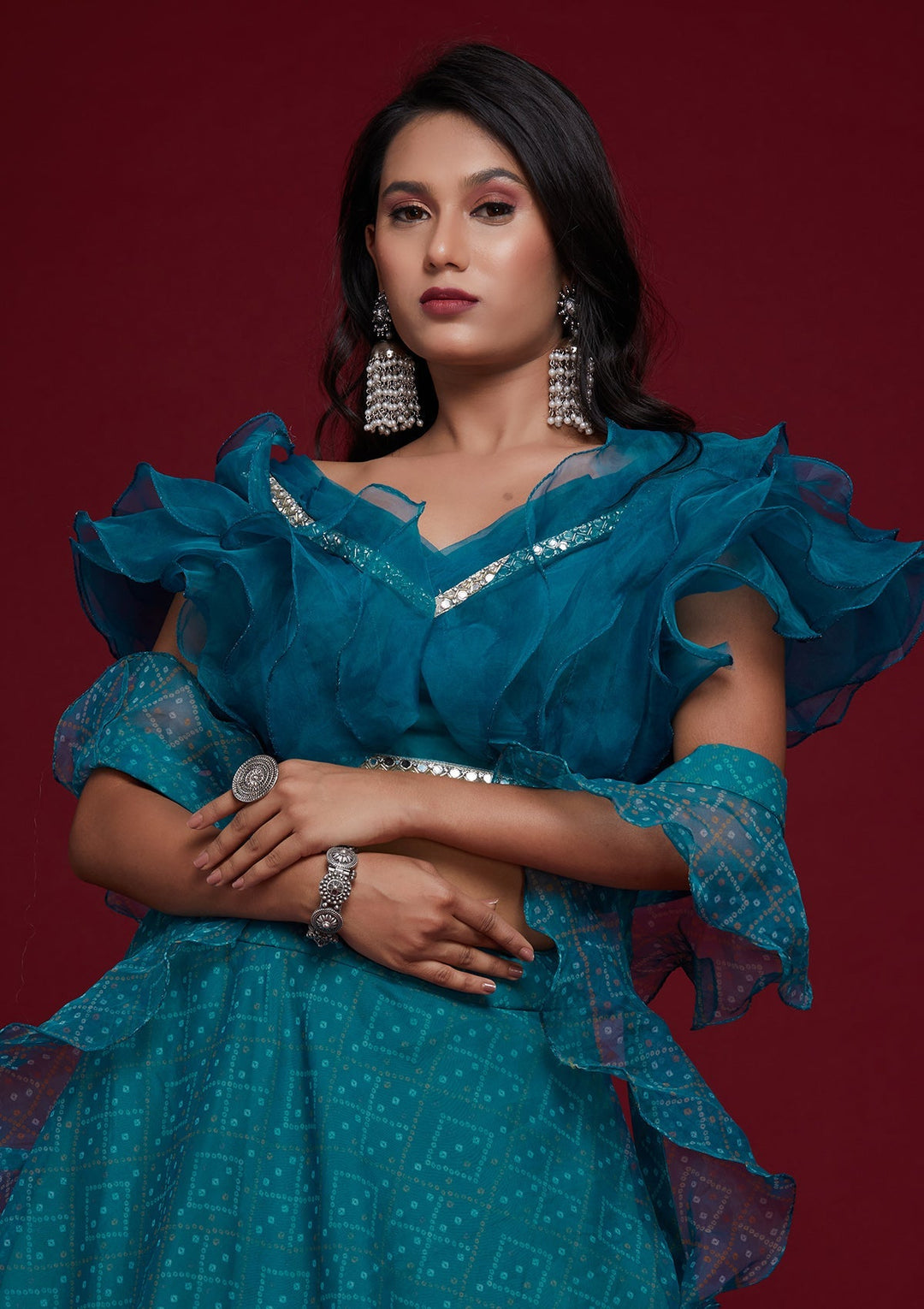 Turquoise Blue Printed Tissue Designer Lehenga - Koskii