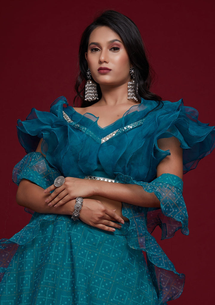 Turquoise Blue Printed Tissue Designer Lehenga - Koskii