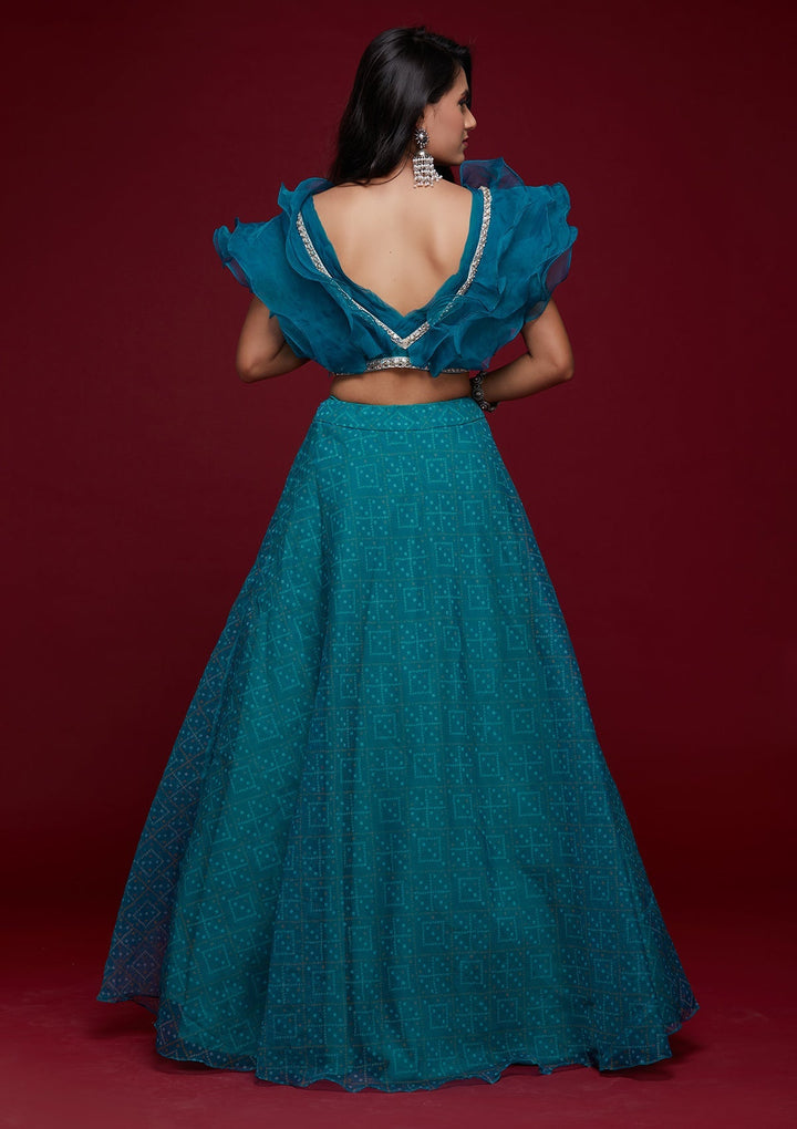 Turquoise Blue Printed Tissue Designer Lehenga - Koskii