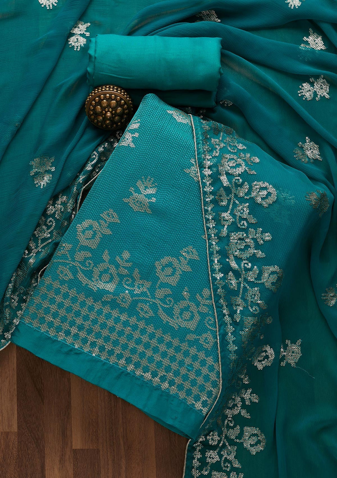 Turquoise Blue Sequins Georgette Unstitched Salwar Suit-Koskii