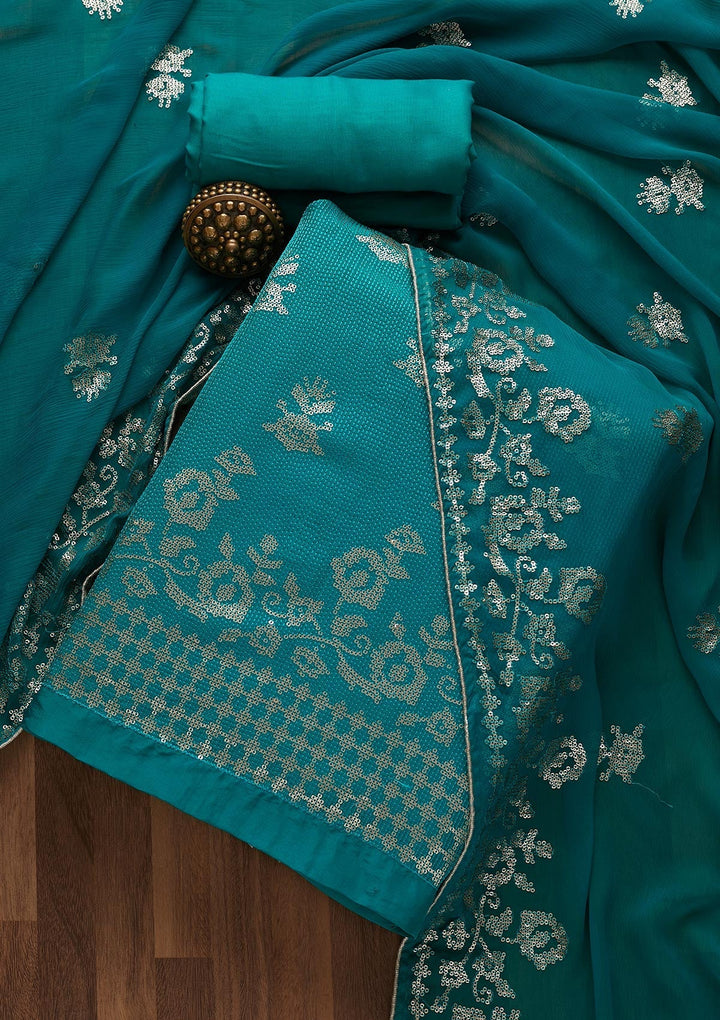 Turquoise Blue Sequins Georgette Unstitched Salwar Suit-Koskii