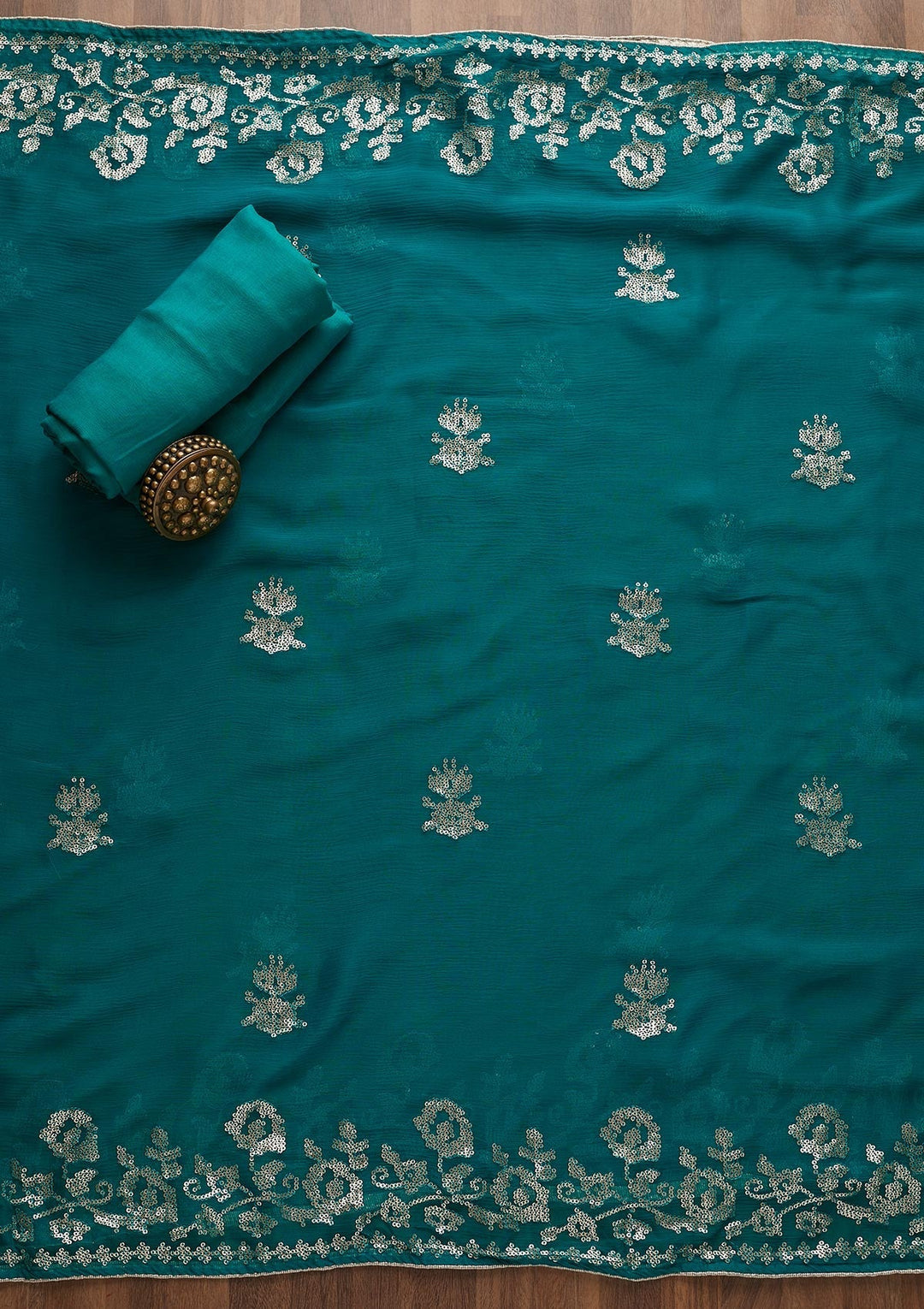 Turquoise Blue Sequins Georgette Unstitched Salwar Suit-Koskii