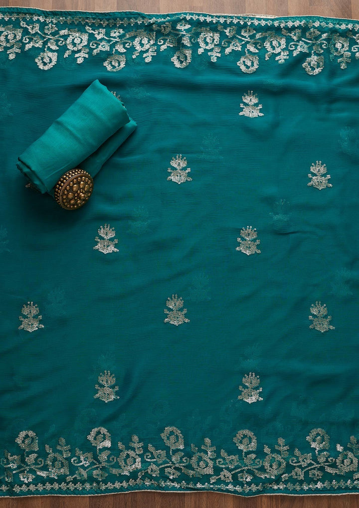 Turquoise Blue Sequins Georgette Unstitched Salwar Suit-Koskii