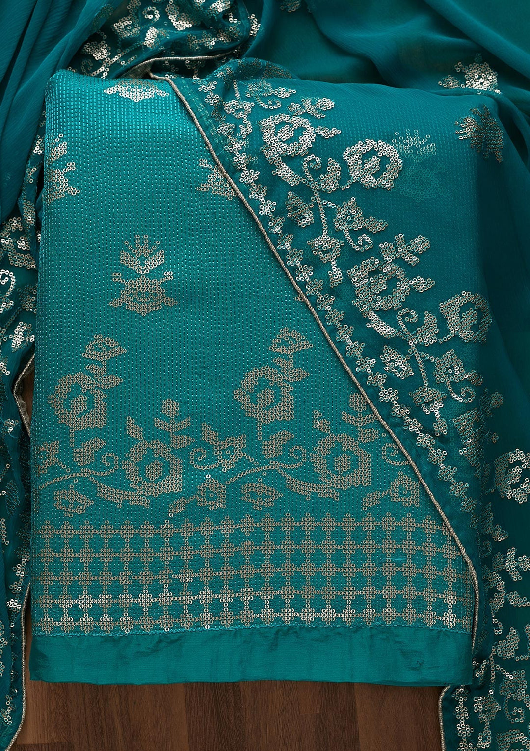Turquoise Blue Sequins Georgette Unstitched Salwar Suit-Koskii