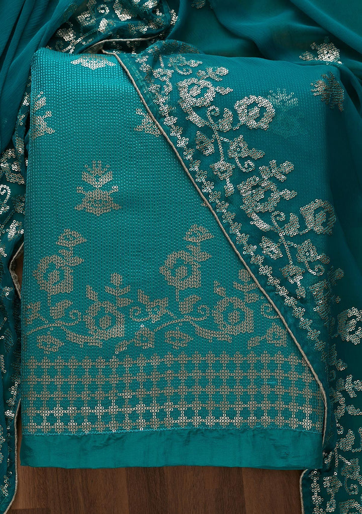 Turquoise Blue Sequins Georgette Unstitched Salwar Suit-Koskii