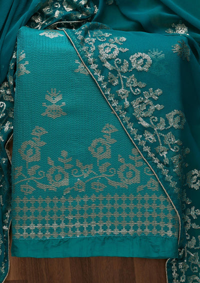 Turquoise Blue Sequins Georgette Unstitched Salwar Suit-Koskii