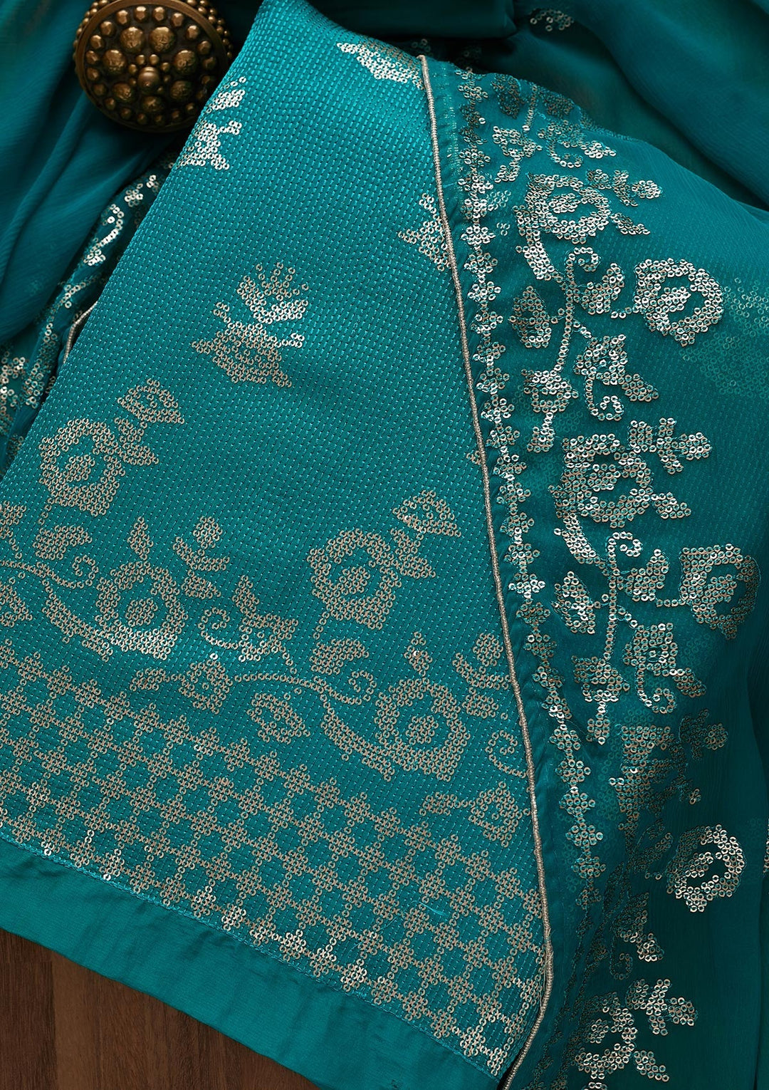 Turquoise Blue Sequins Georgette Unstitched Salwar Suit-Koskii