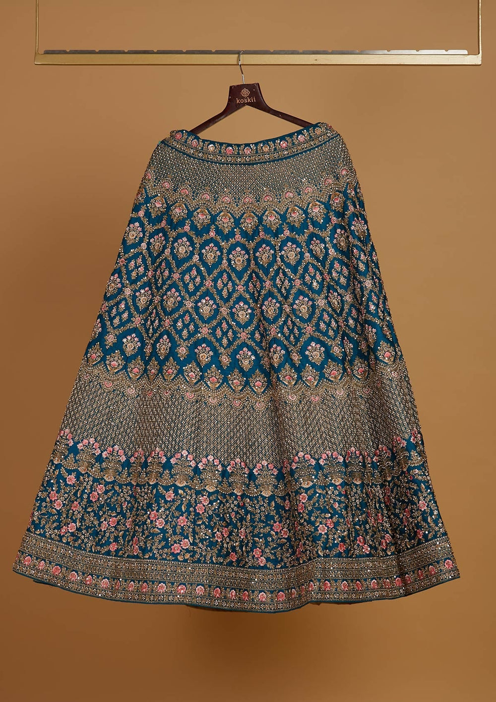 Turquoise Blue Stonework Raw Silk Designer Readymade Lehenga - Koskii