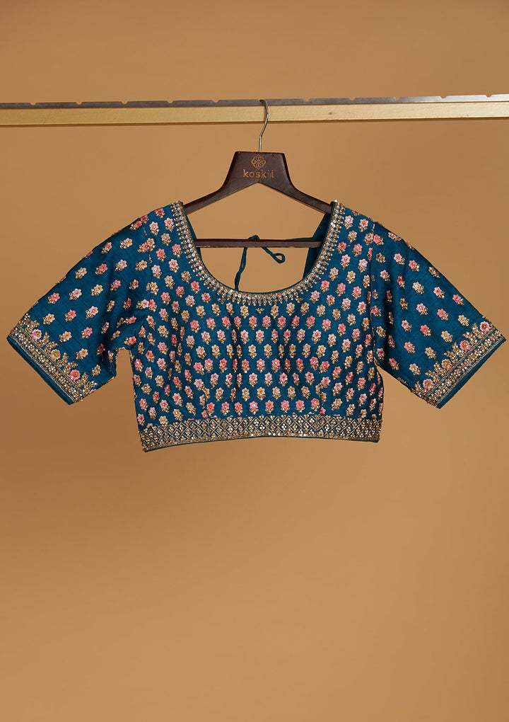 Turquoise Blue Stonework Raw Silk Designer Readymade Lehenga - Koskii