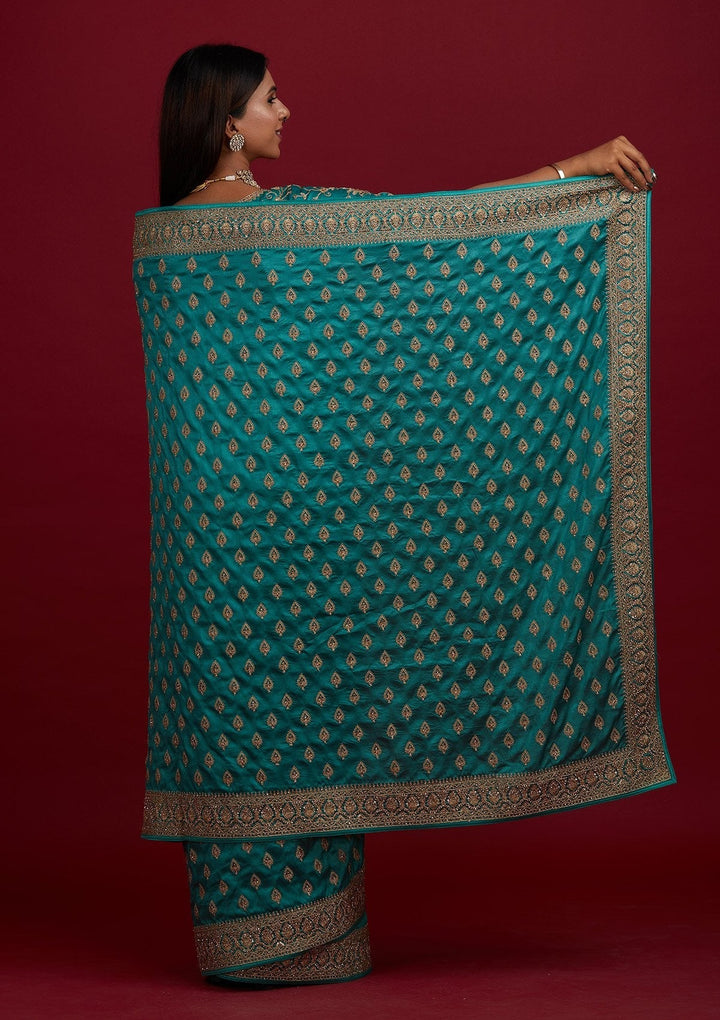 Turquoise Blue Stonework Semi Crepe Designer Saree - Koskii