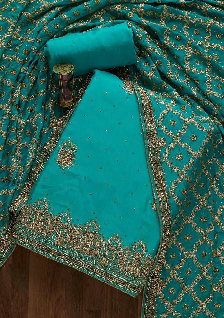 Turquoise Blue Stonework Semi Crepe Unstitched Salwar Suit-Koskii