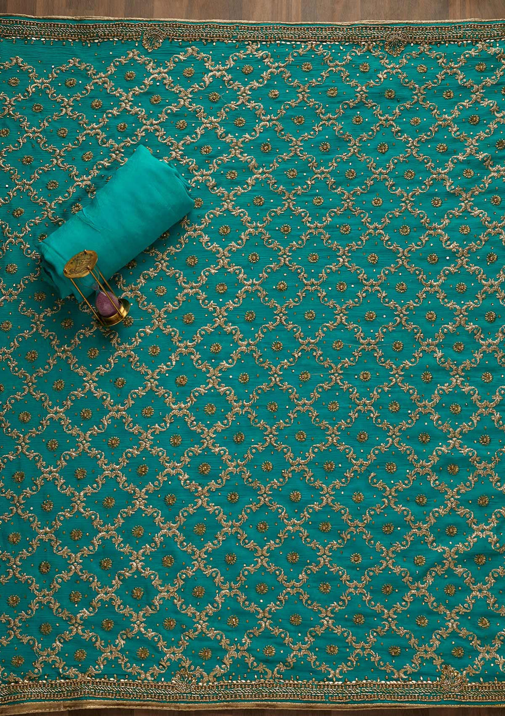 Turquoise Blue Stonework Semi Crepe Unstitched Salwar Suit-Koskii