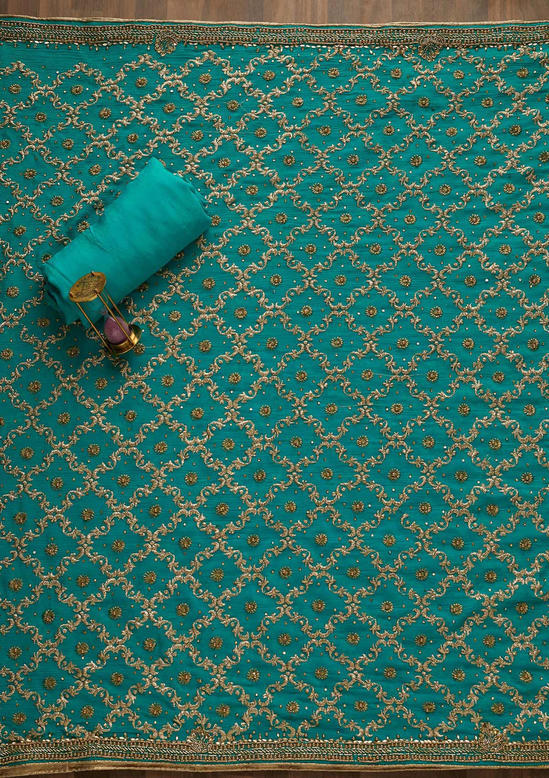 Turquoise Blue Stonework Semi Crepe Unstitched Salwar Suit-Koskii