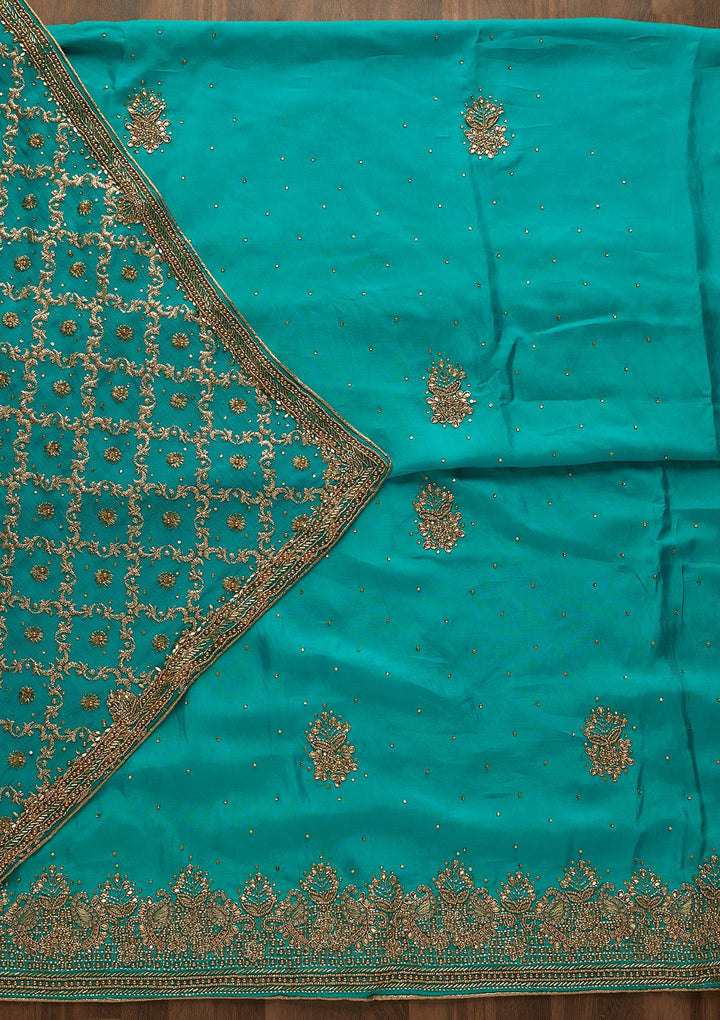 Turquoise Blue Stonework Semi Crepe Unstitched Salwar Suit-Koskii