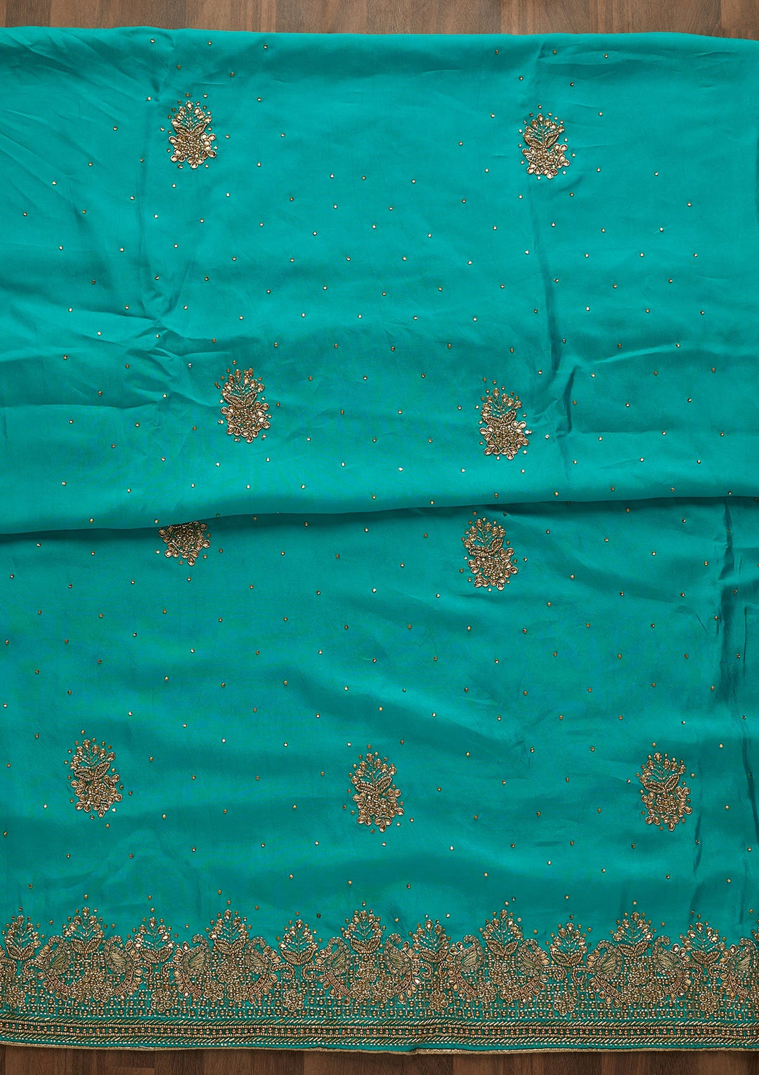 Turquoise Blue Stonework Semi Crepe Unstitched Salwar Suit-Koskii