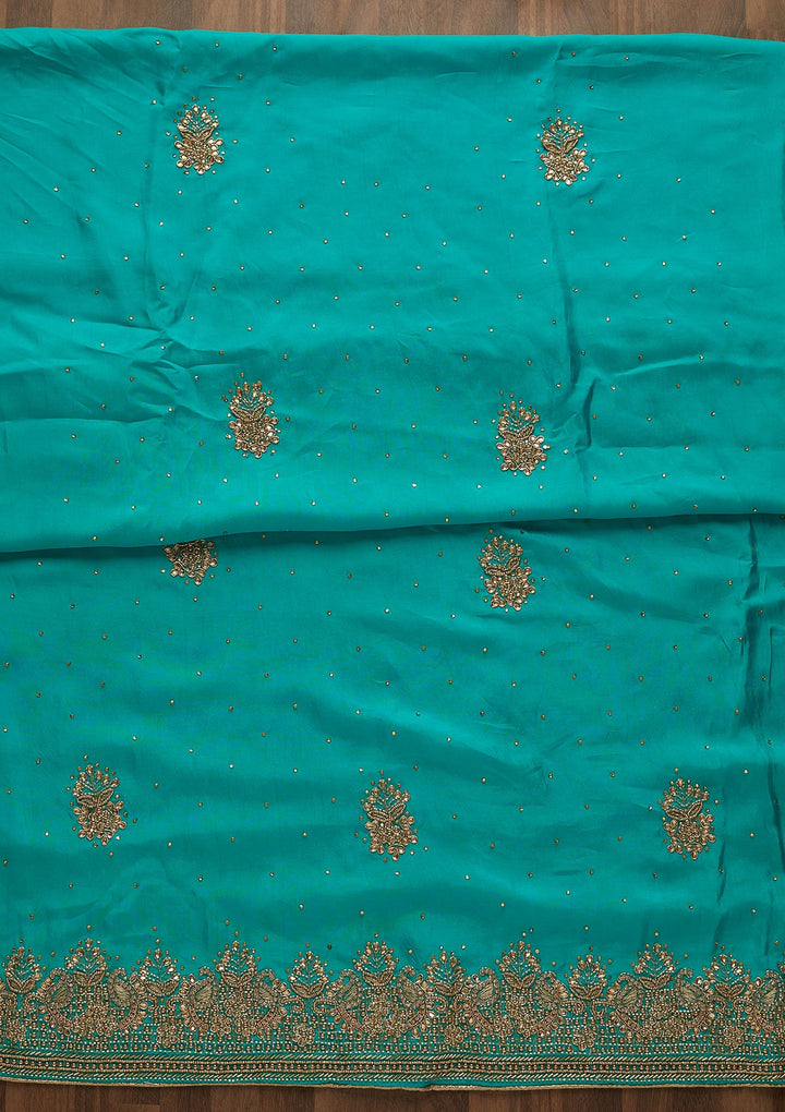 Turquoise Blue Stonework Semi Crepe Unstitched Salwar Suit-Koskii