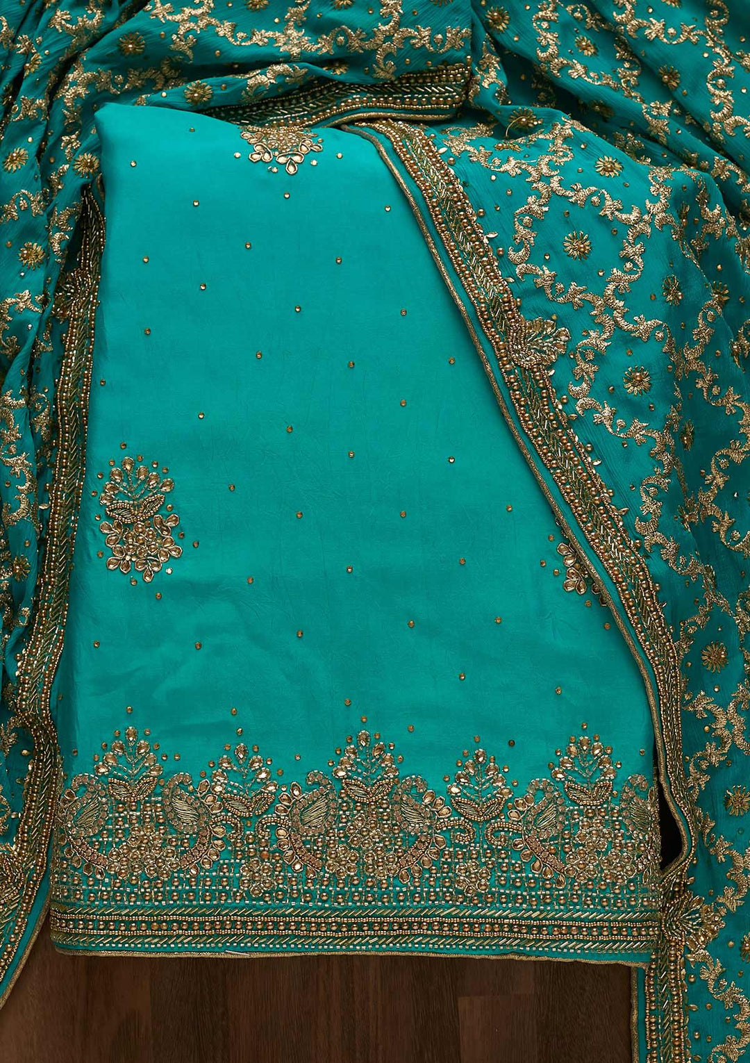 Turquoise Blue Stonework Semi Crepe Unstitched Salwar Suit-Koskii