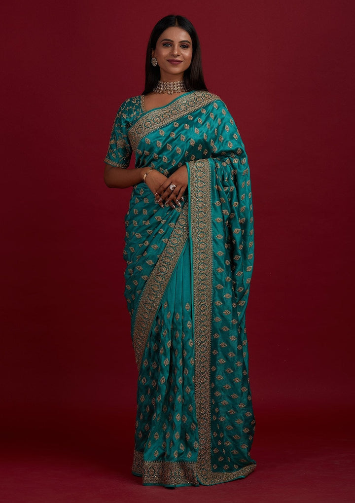Turquoise Blue Stonework Semi Crepe Designer Saree - Koskii