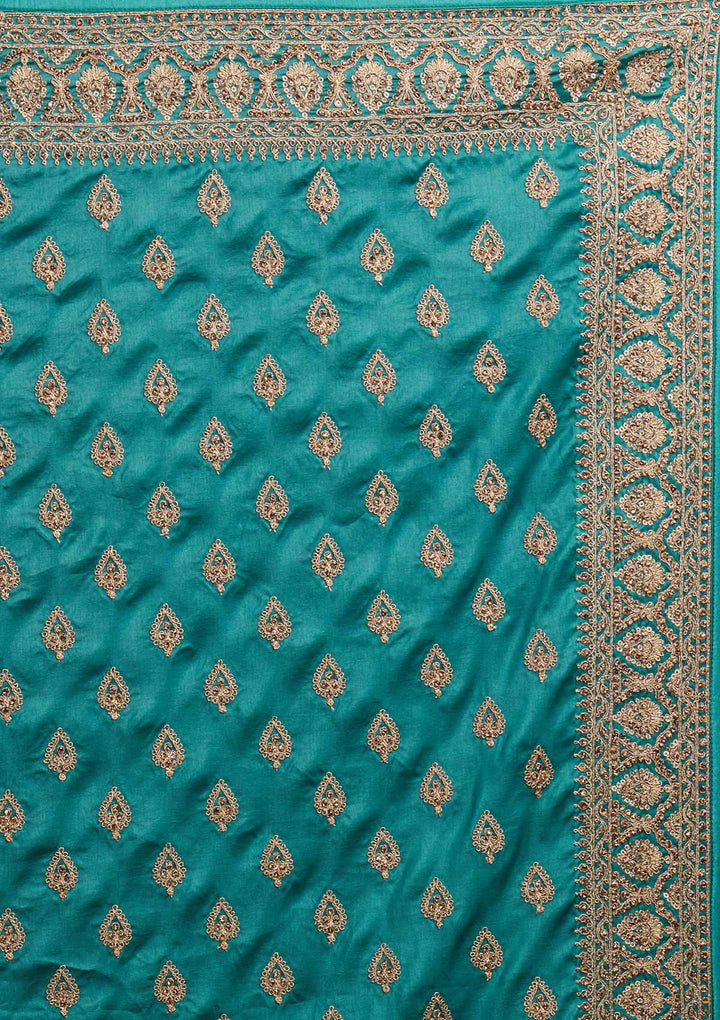 Turquoise Blue Stonework Semi Crepe Designer Saree - Koskii