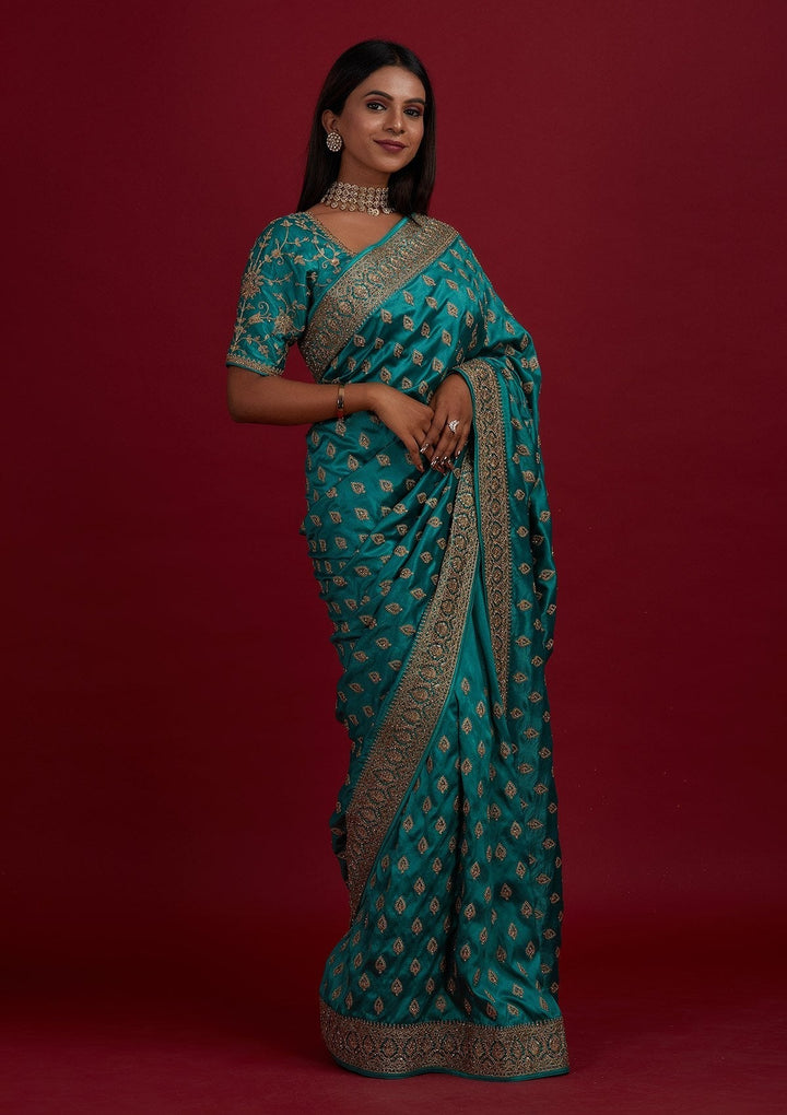 Turquoise Blue Stonework Semi Crepe Designer Saree - Koskii