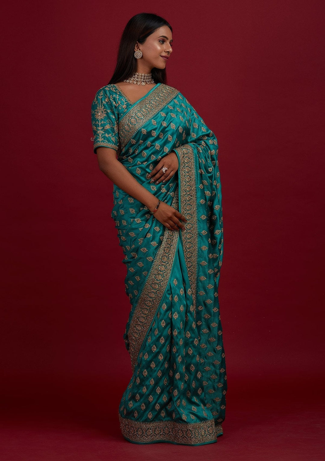 Turquoise Blue Stonework Semi Crepe Designer Saree - Koskii