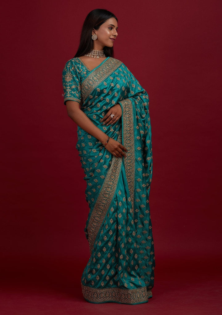 Turquoise Blue Stonework Semi Crepe Designer Saree - Koskii