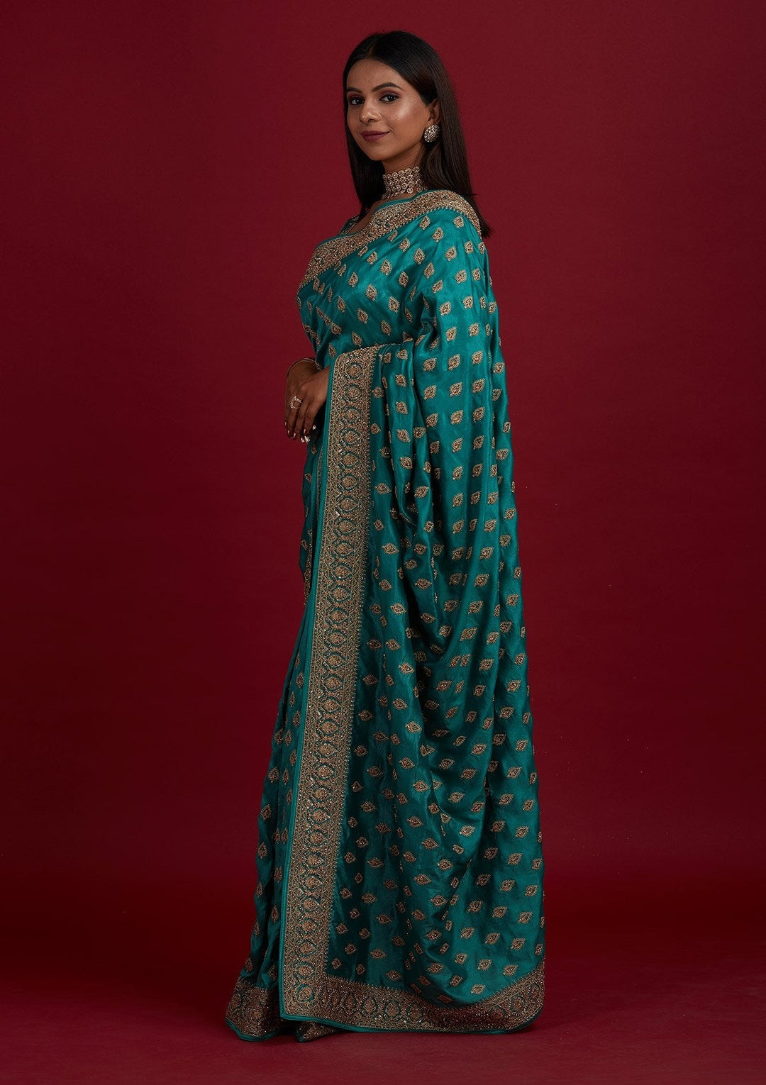 Turquoise Blue Stonework Semi Crepe Designer Saree - Koskii