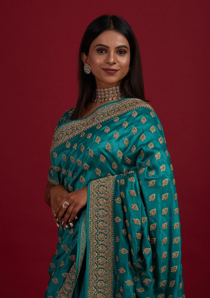 Turquoise Blue Stonework Semi Crepe Designer Saree - Koskii