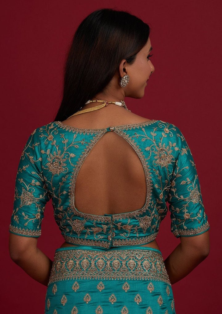 Turquoise Blue Stonework Semi Crepe Designer Saree - Koskii