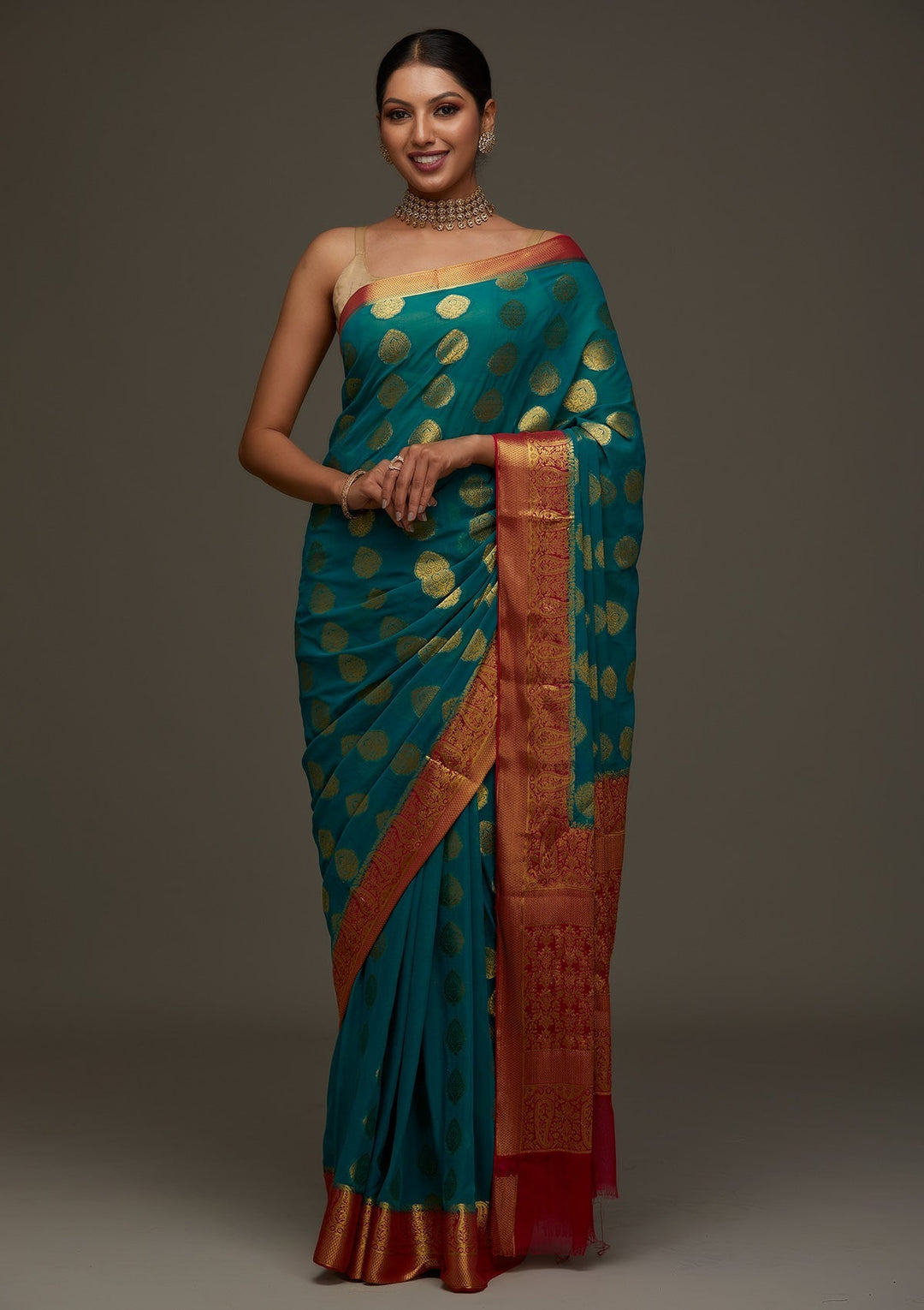 Turquoise Blue Zariwork Art Silk Designer Saree- Koskii