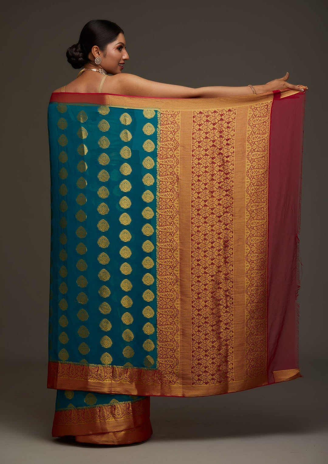 Turquoise Blue Zariwork Art Silk Designer Saree - Koskii