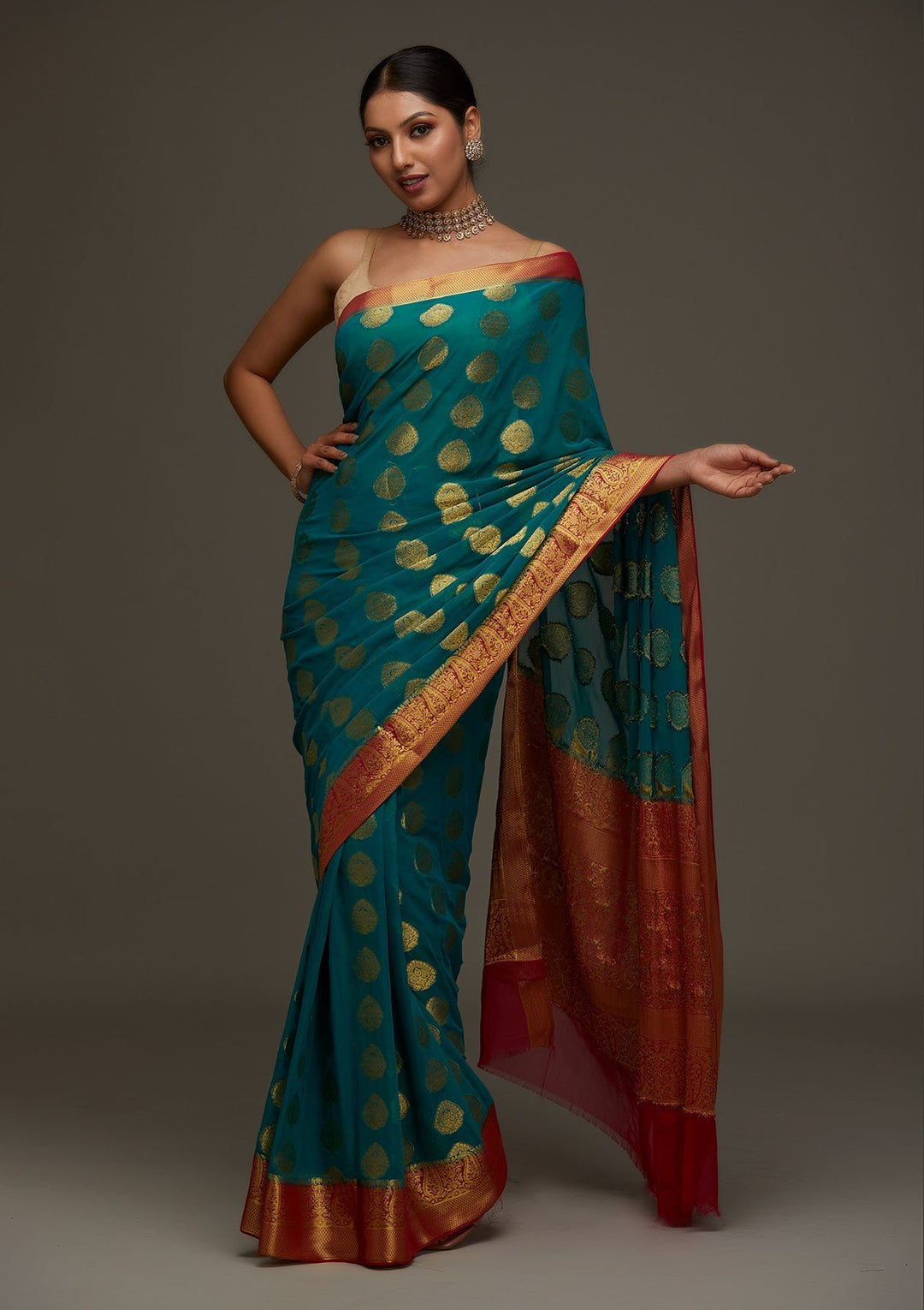 Turquoise Blue Zariwork Art Silk Designer Saree - Koskii