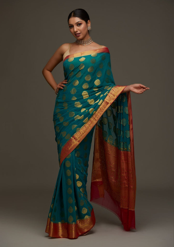 Turquoise Blue Zariwork Art Silk Designer Saree - Koskii