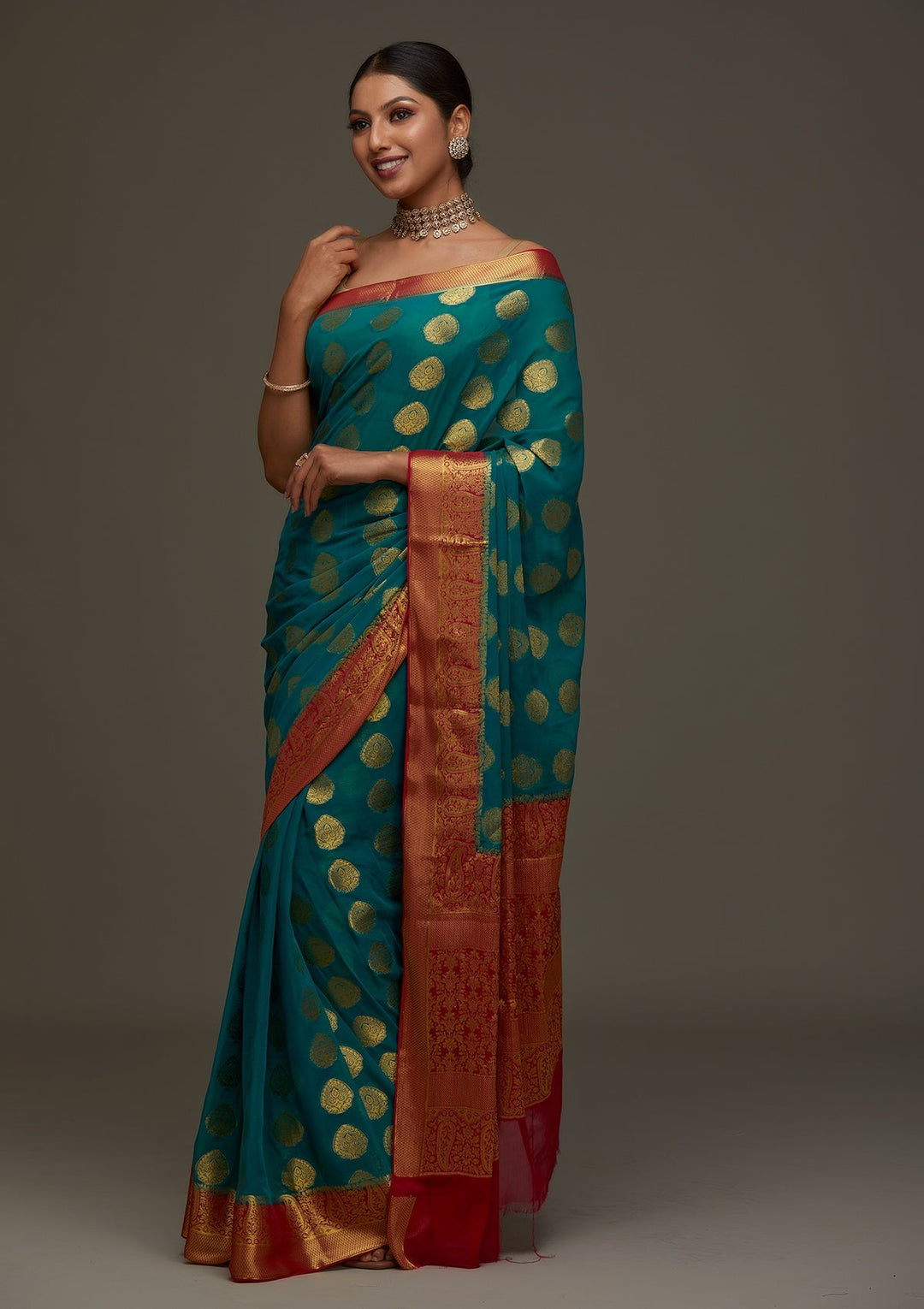 Turquoise Blue Zariwork Art Silk Designer Saree - Koskii