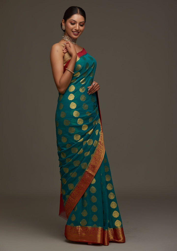 Turquoise Blue Zariwork Art Silk Designer Saree - Koskii
