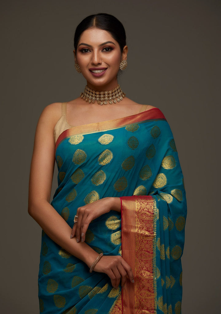 Turquoise Blue Zariwork Art Silk Designer Saree - Koskii