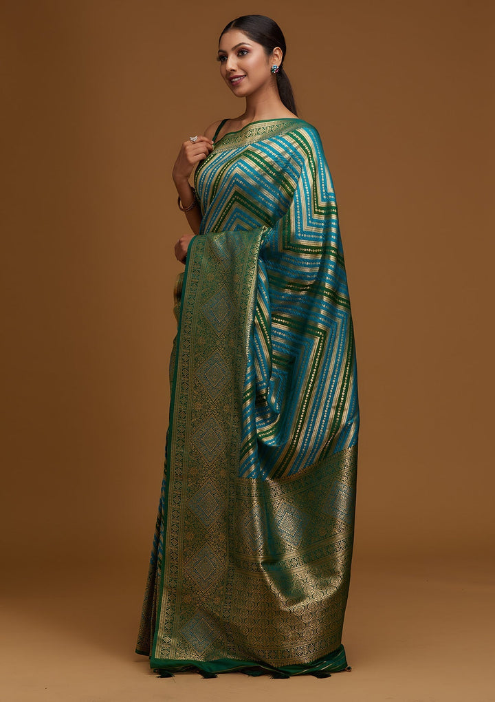 Turquoise Blue Zariwork Art Silk Designer Saree - Koskii