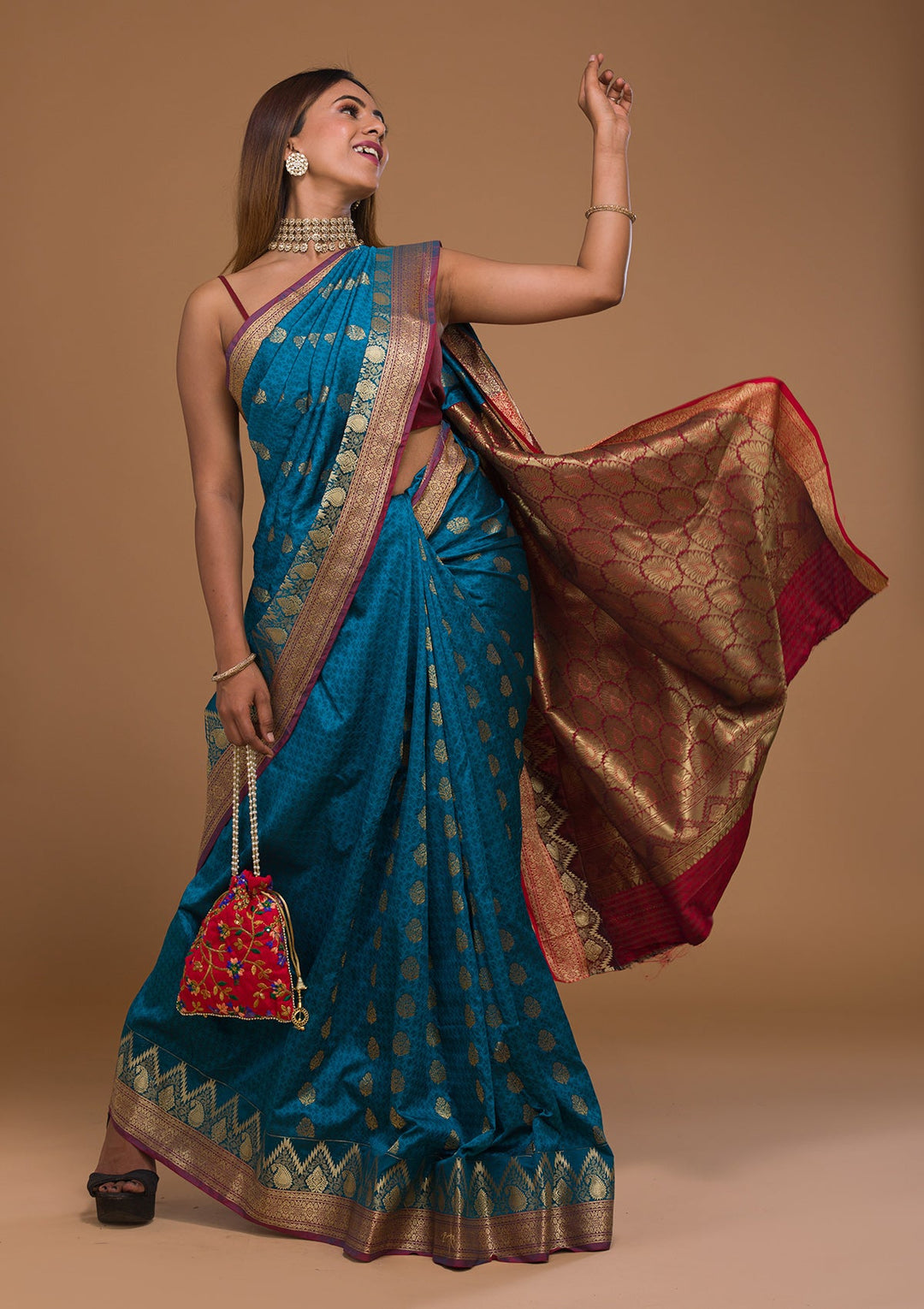 Turquoise Blue Zariwork Art Silk Saree-Koskii