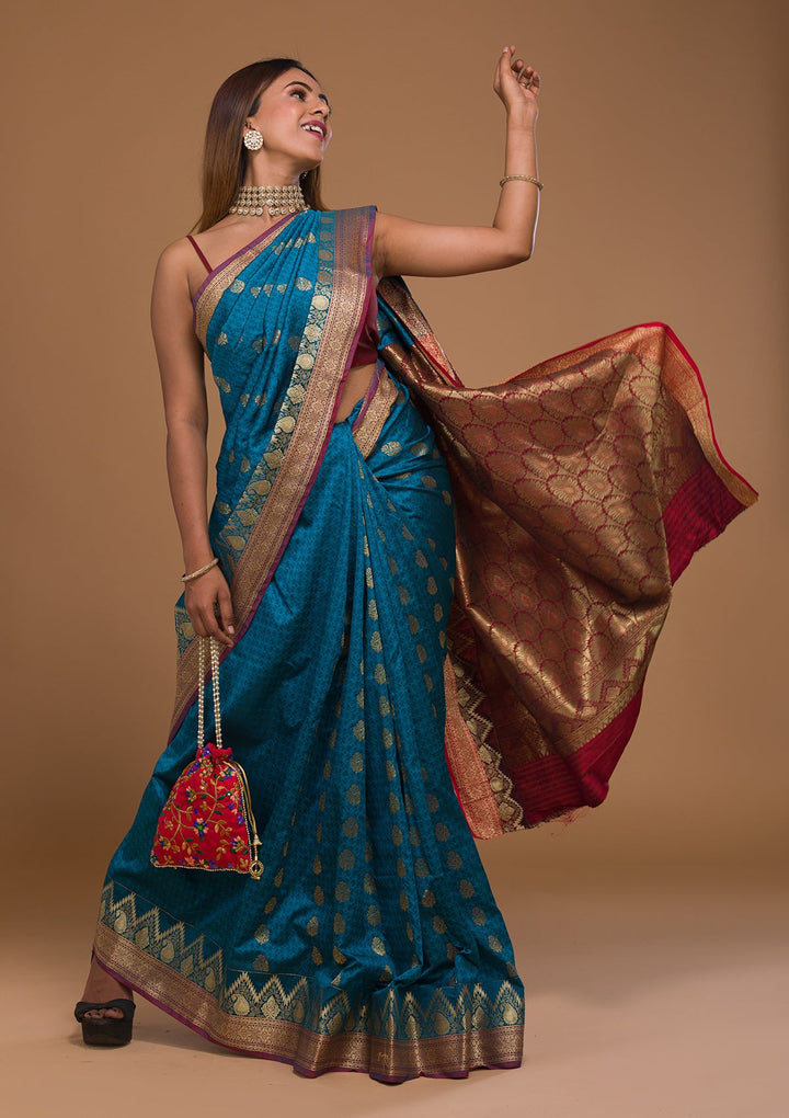 Turquoise Blue Zariwork Art Silk Saree-Koskii