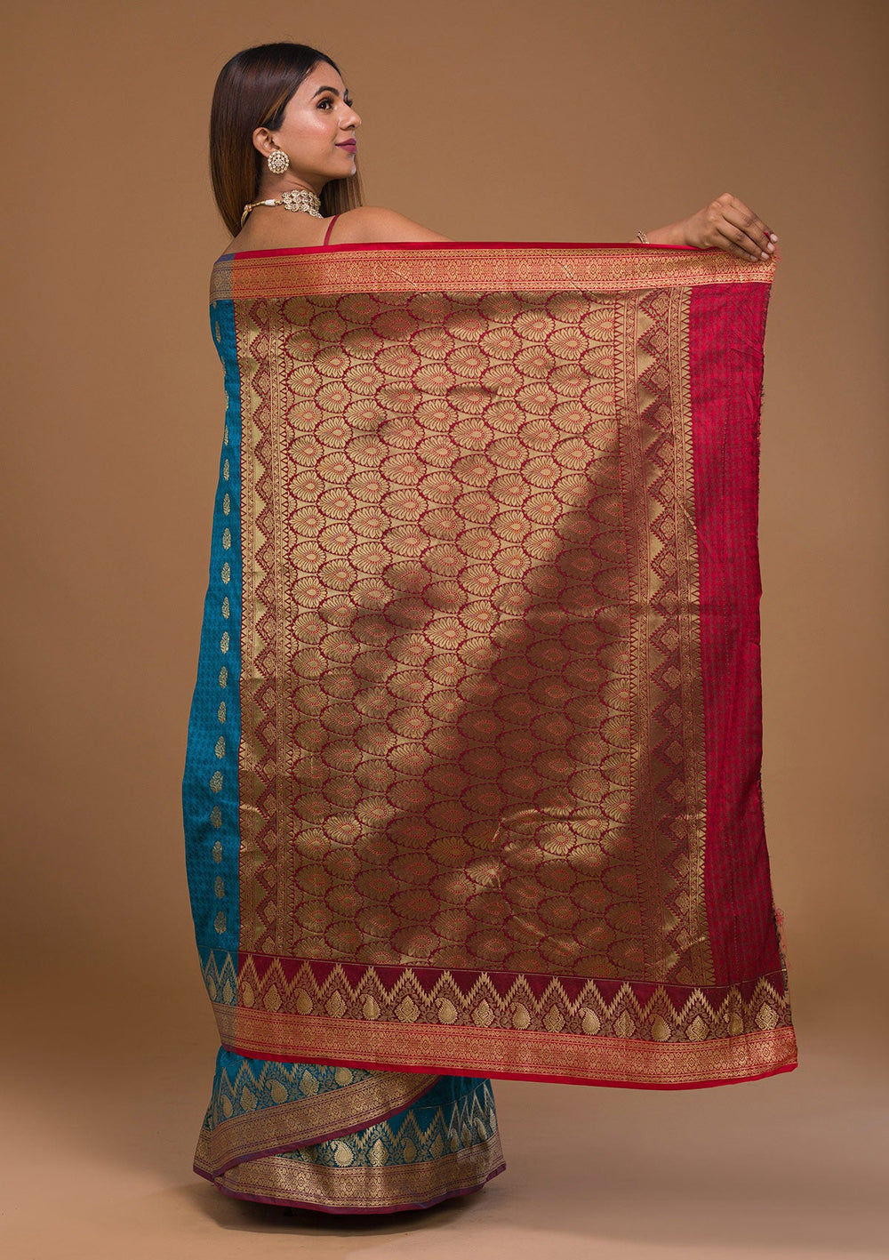 Turquoise Blue Zariwork Art Silk Saree-Koskii
