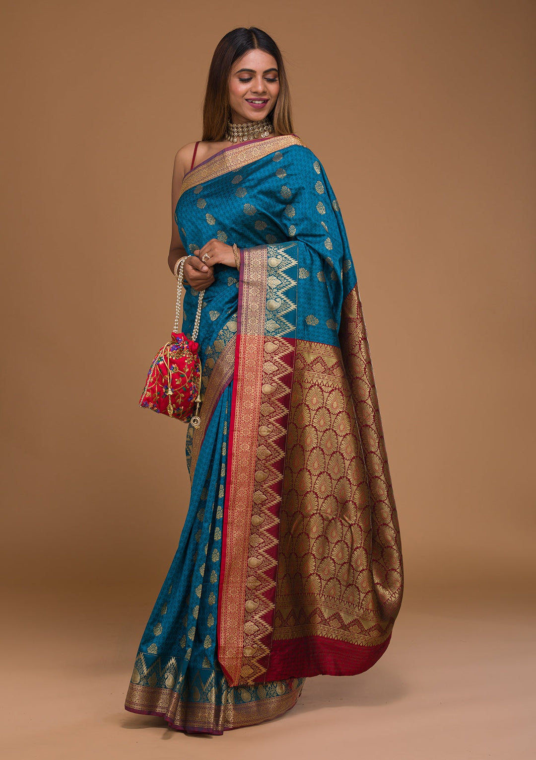 Turquoise Blue Zariwork Art Silk Saree-Koskii