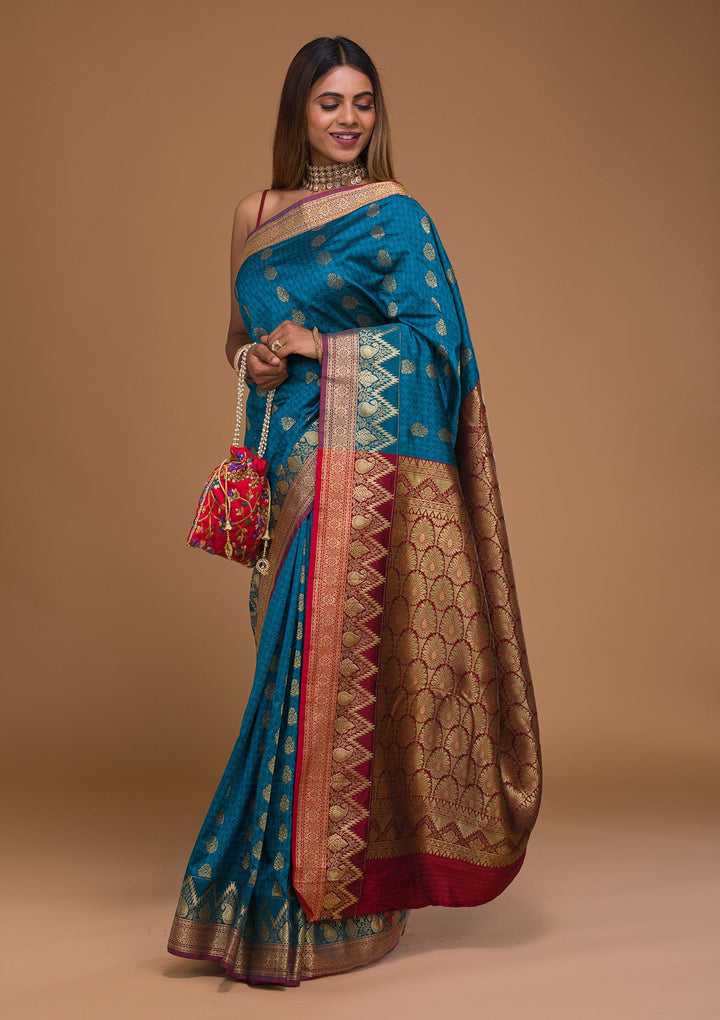 Turquoise Blue Zariwork Art Silk Saree-Koskii