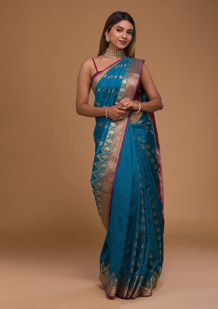 Turquoise Blue Zariwork Art Silk Saree-Koskii