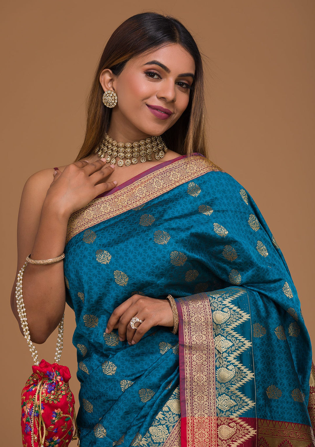 Turquoise Blue Zariwork Art Silk Saree-Koskii