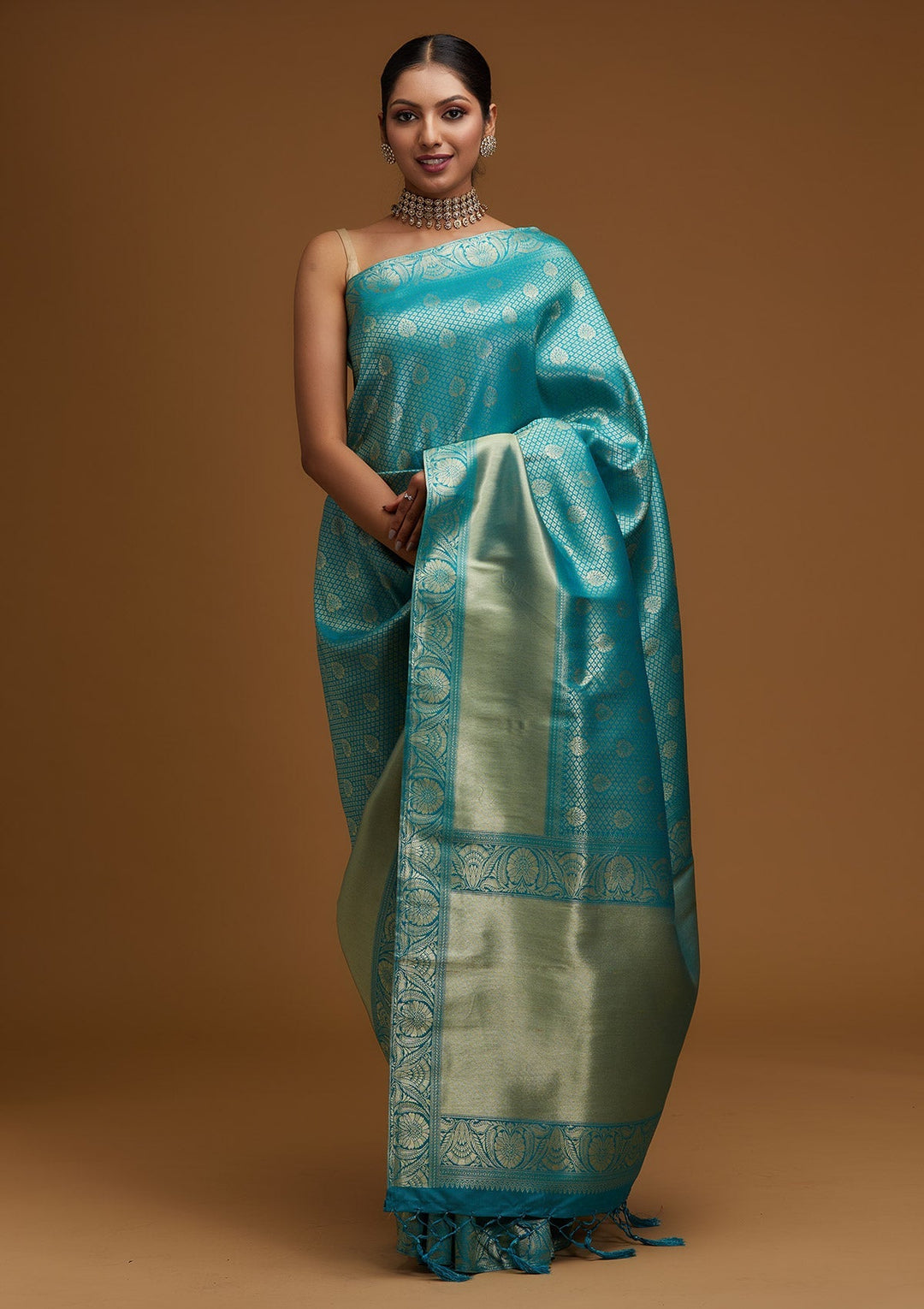 Turquoise Blue Zariwork Brocade Designer Saree - Koskii