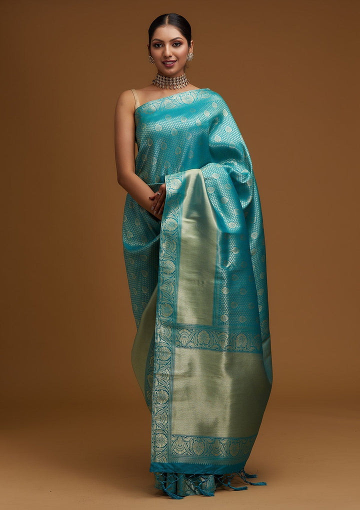 Turquoise Blue Zariwork Brocade Designer Saree - Koskii