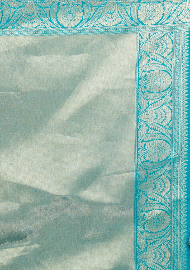 Turquoise Blue Zariwork Brocade Designer Saree - Koskii