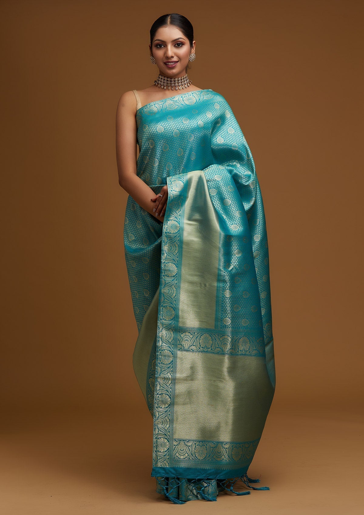 Turquoise Blue Zariwork Brocade Designer Saree - Koskii