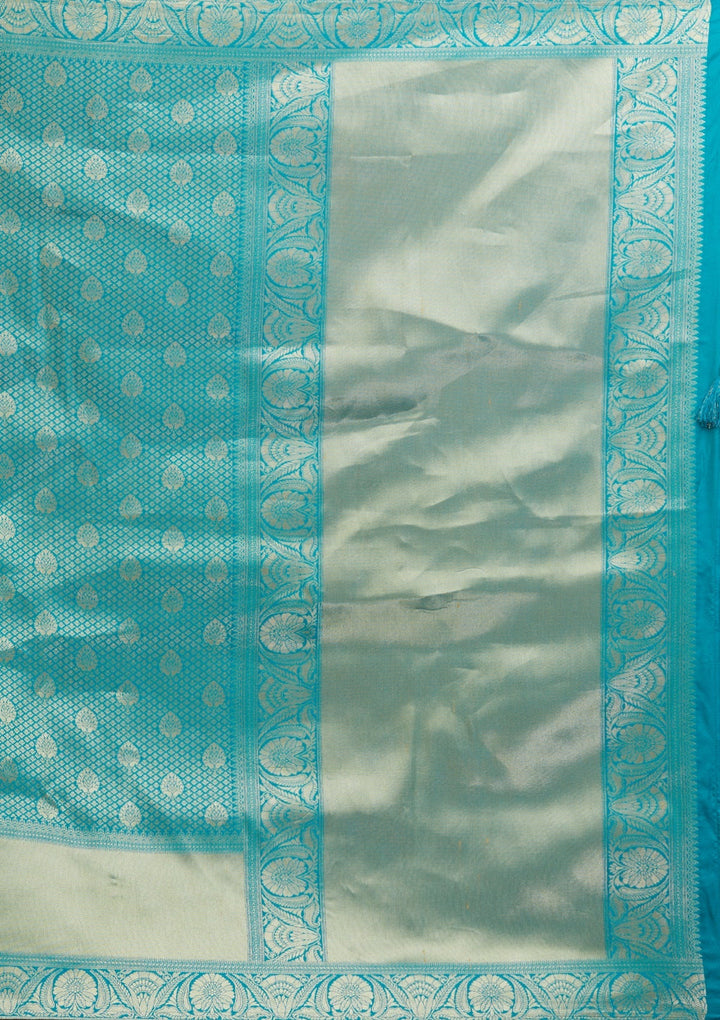 Turquoise Blue Zariwork Brocade Designer Saree - Koskii