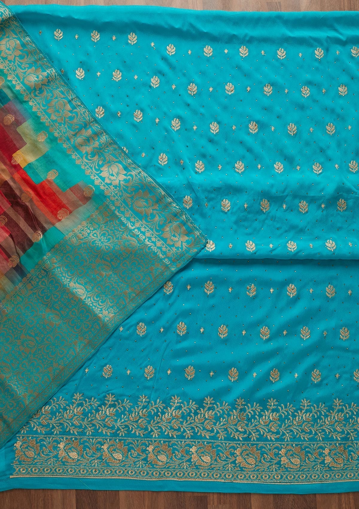 Turquoise Blue Zariwork Chanderi Designer Unstitched Salwar Suit - Koskii